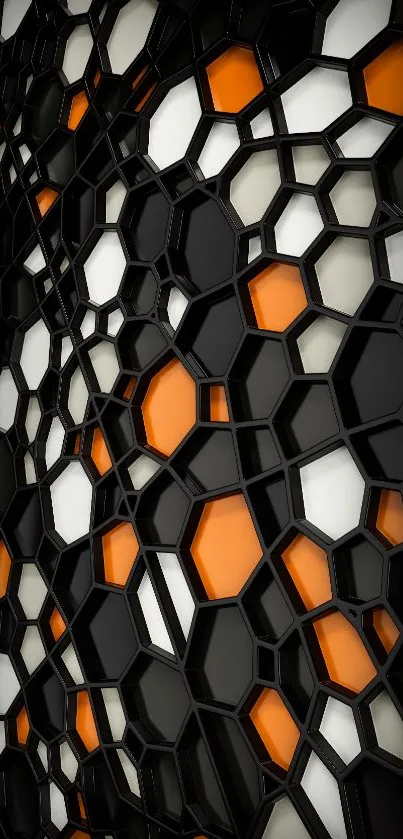 3D hexagonal abstract wallpaper in black, white, and orange tones.