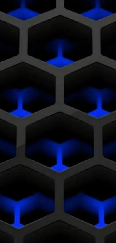 Hexagonal pattern with blue glow on a black background.