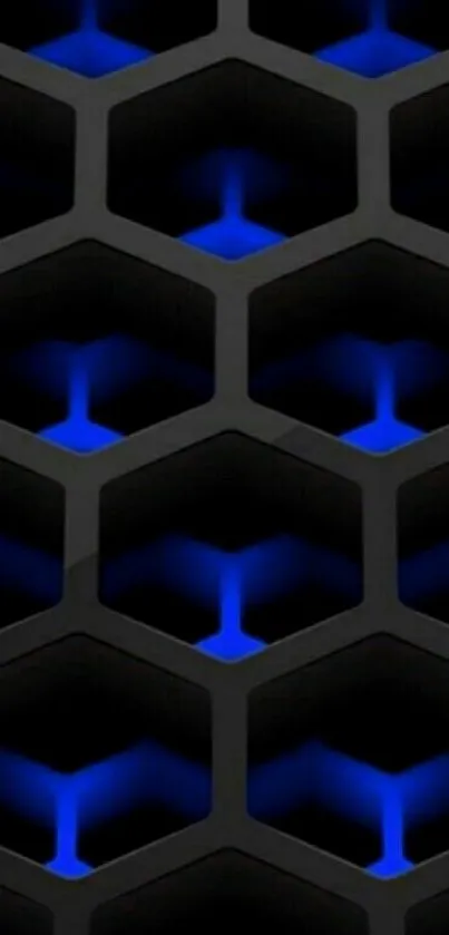 Hexagonal black and blue abstract wallpaper with geometric design.