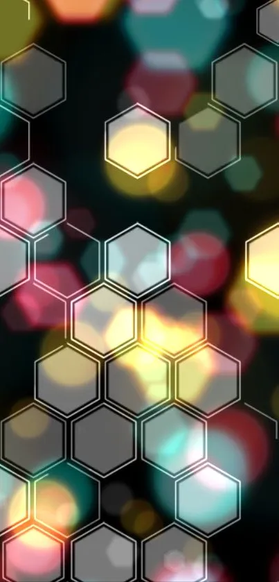 Vibrant hexagonal bokeh wallpaper with colorful abstract designs and soft light flares.