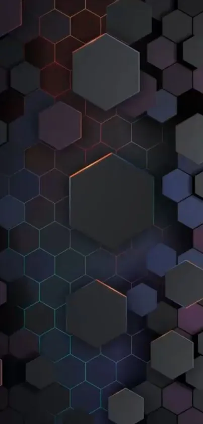 Dark geometric hexagonal phone wallpaper with muted rainbow highlights.