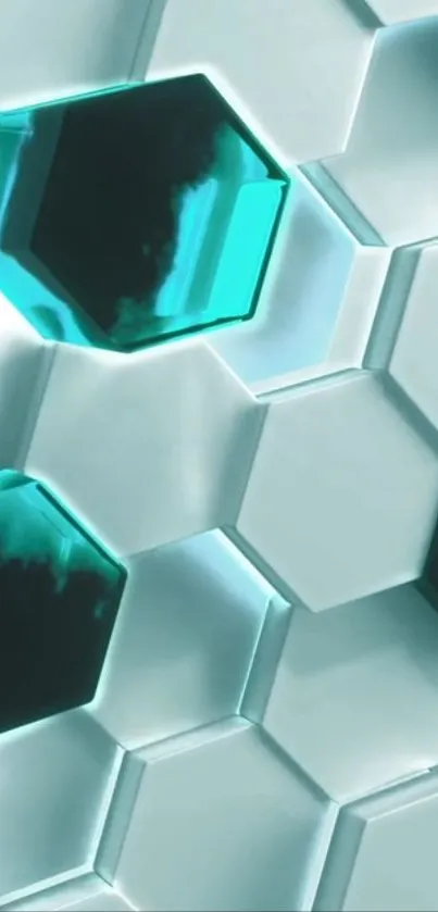 Hexagonal teal and gray 3D geometric wallpaper for phones.