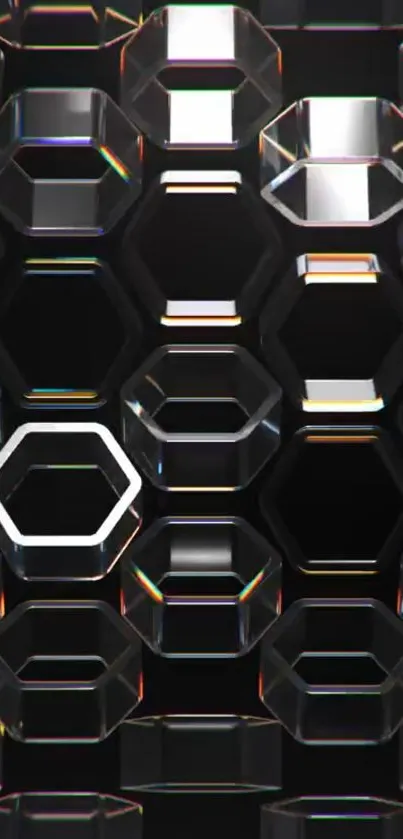 Hexagonal glass pattern on black background, modern wallpaper.