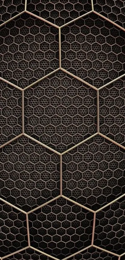 Hexagonal metal grid wallpaper with dark bronze tones.