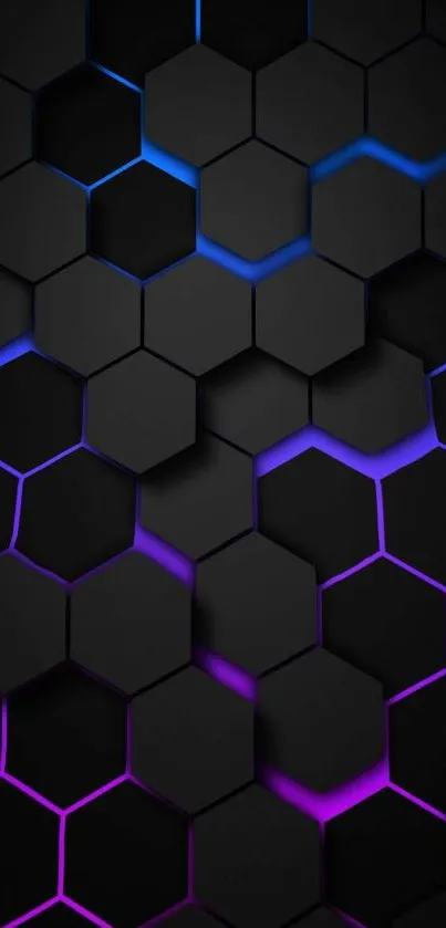 Dark hexagonal wallpaper with neon blue and purple lights.