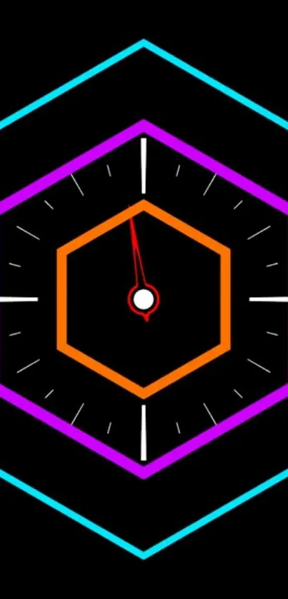 Neon hexagonal clock wallpaper with purple, orange, and blue on black background.