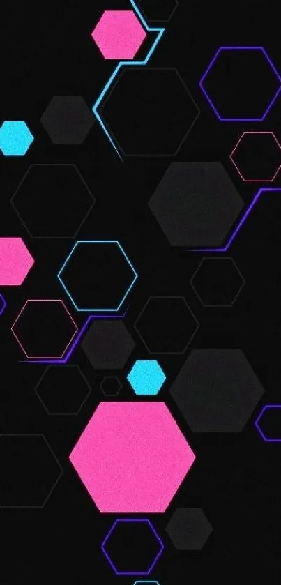 Vibrant neon hexagonal pattern with black, pink, and blue hues.