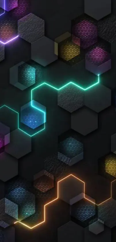 Neon hexagonal pattern wallpaper with vibrant colors on a black background.