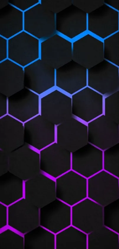 Dark hexagonal pattern wallpaper with blue and purple highlights.