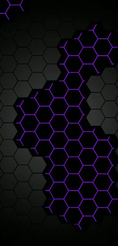 Dark hexagonal wallpaper with purple neon lines.