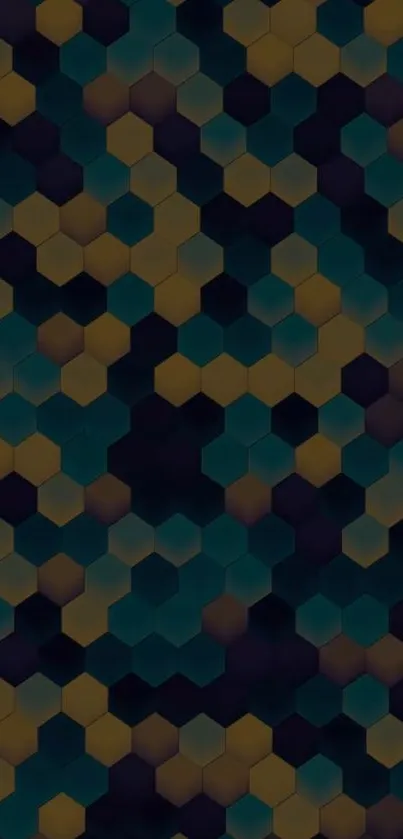 Abstract hexagonal pattern with teal and mustard tones on phone wallpaper.