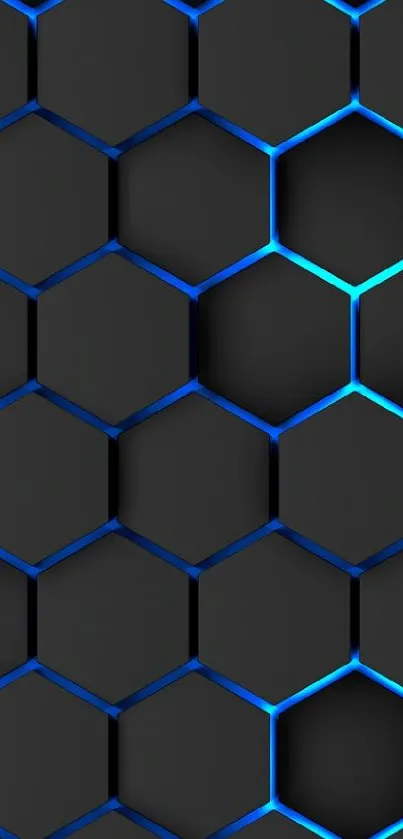 Futuristic hexagonal pattern with blue glow on black background.