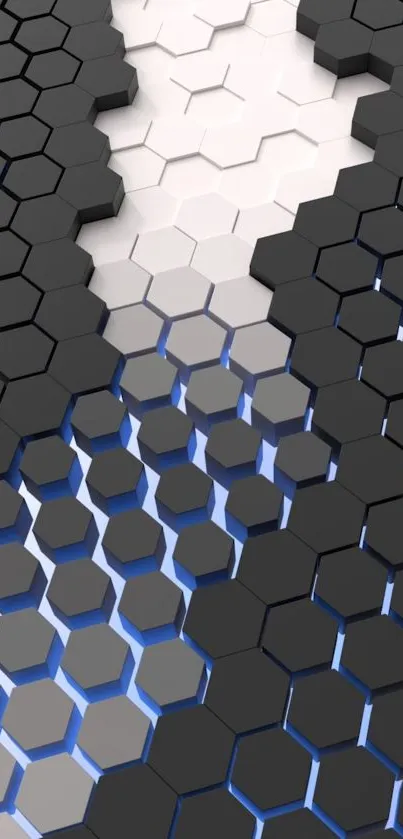 Black and white hexagonal pattern wallpaper with blue accents.