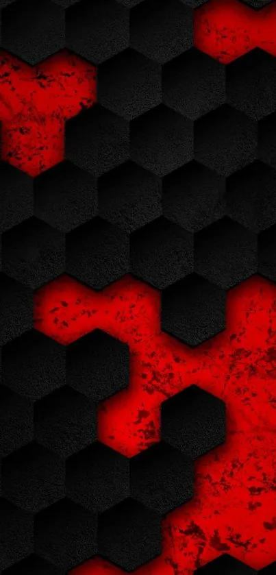 Red and black hexagonal pattern wallpaper with abstract design.