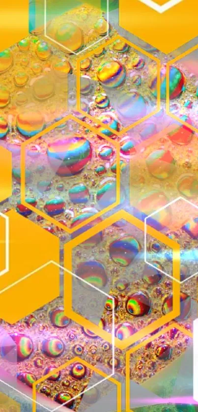 Vibrant hexagonal pattern with colorful water bubble textures.