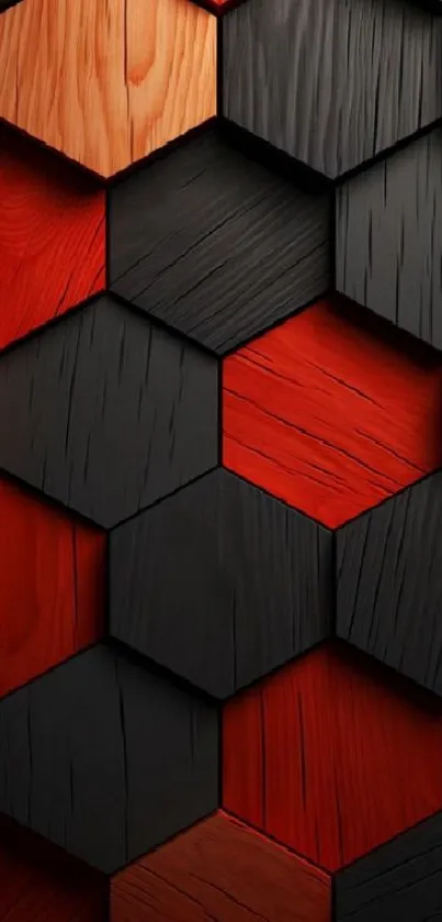 Red and black geometric hexagon wood design wallpaper.