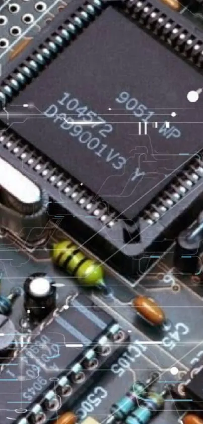 Intricate mobile wallpaper of a circuit board depicting electronic components.