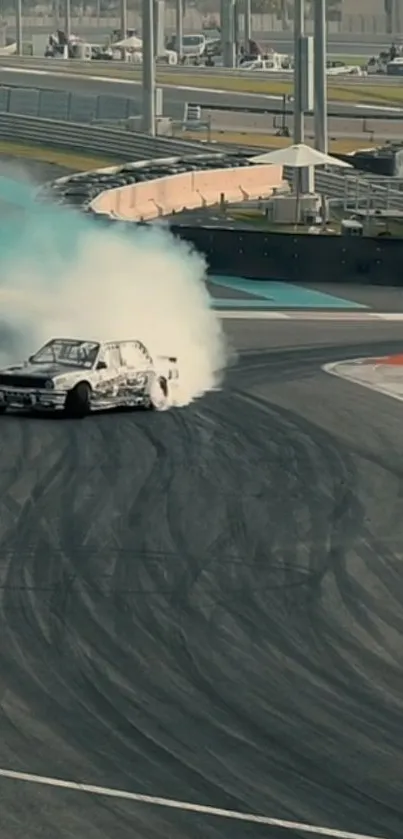 Car drifting on race track with smoke.