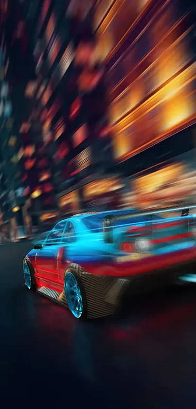 Red sports car racing in neon city at night.