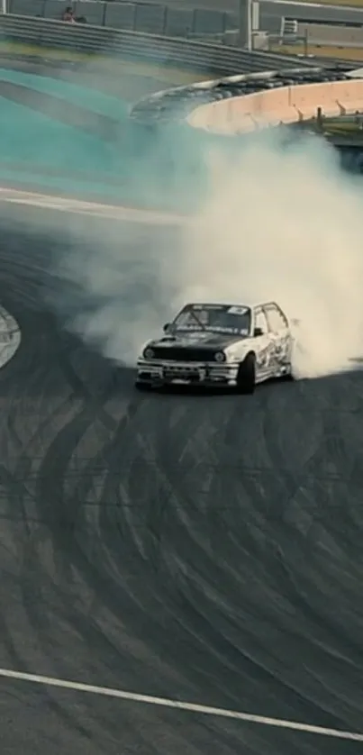 Car drifting on race track with smoke trail, showcasing thrilling action.