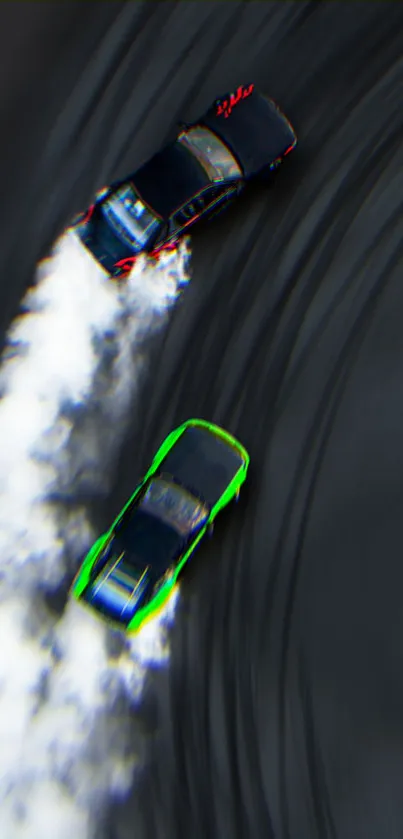 Two cars creating smoke trails during a high-speed drift.