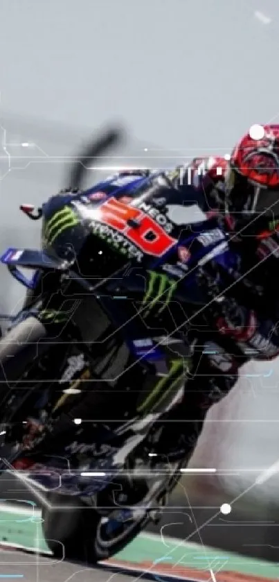 Motorcycle racing on track with high-speed action and dynamic energy.