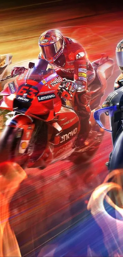 High-speed motorcycle race with vibrant colors and sleek designs.