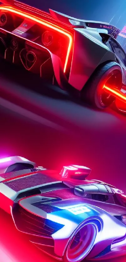 Futuristic neon-lit racing cars speeding on a vibrant, colorful background.