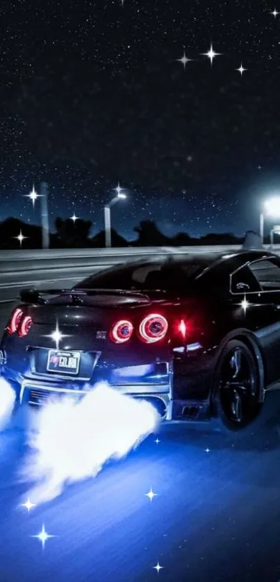 High-speed sports car driving under a starry night sky, emitting bright exhaust flames.