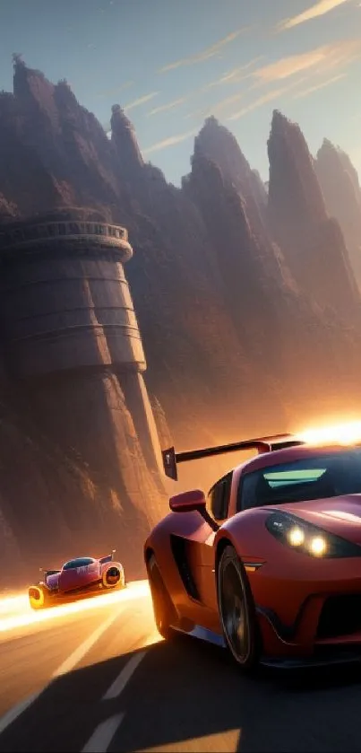 Racing cars speed through a fantasy landscape with towering cliffs and vibrant colors.