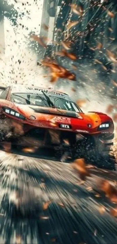 Red race car speeding on track with swirling dust and debris.