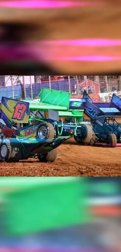 Colorful race cars speeding on a dirt track, capturing high-speed action.