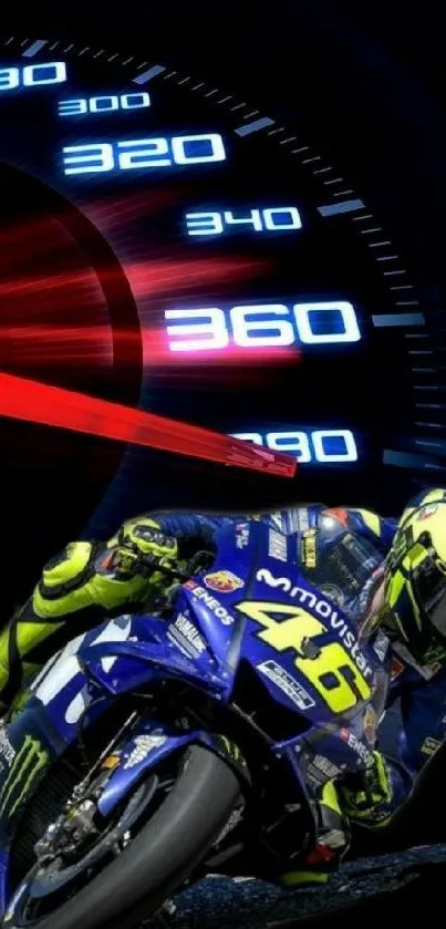 Motorcycle racing wallpaper with speedometer design and vibrant colors.