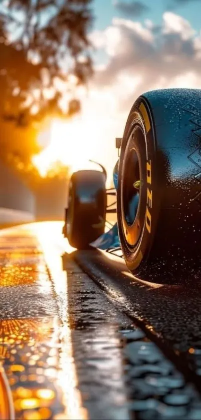 Racing car speeds on track at sunset.