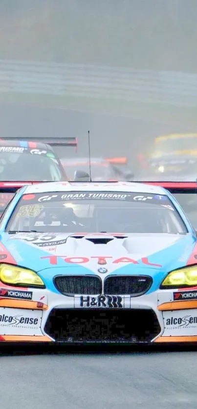 Racing car in vibrant colors speeding on a foggy race track.