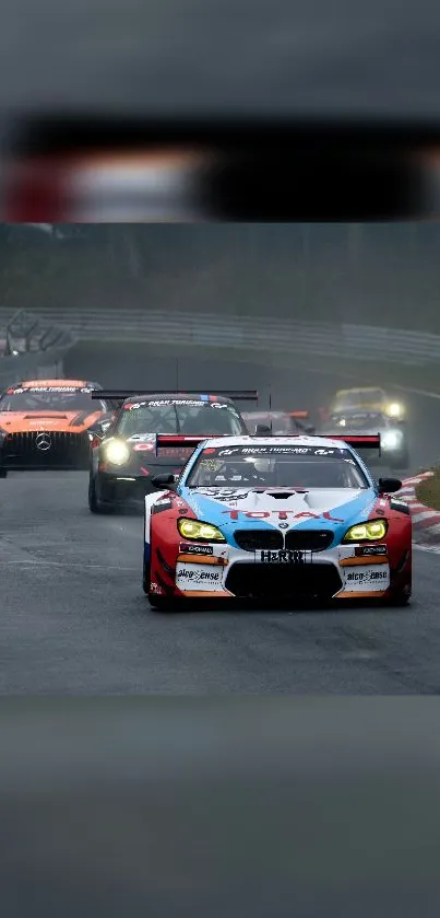 A thrilling scene of racing cars on a track, capturing high-speed action and vibrant colors.