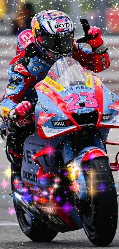 Racing motorcycle on track with vibrant colors, capturing high-speed action.