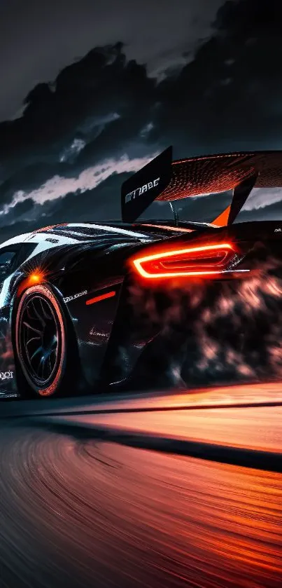 A sleek sports car races on a track with fiery trails and dramatic skies.