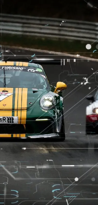 Green Porsche racing on a track with another car in pursuit.