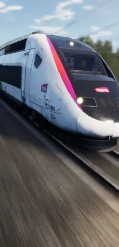 High-speed train racing on tracks in modern mobile wallpaper.