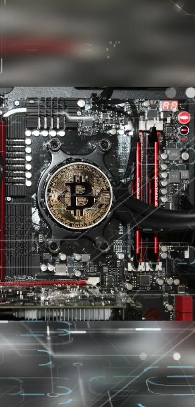 Bitcoin-themed circuit board wallpaper in black and red tones.