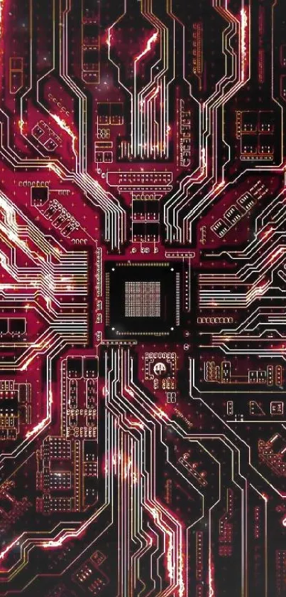 Red circuit board wallpaper for mobile, featuring intricate high-tech design.