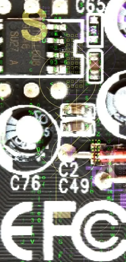 Close-up of a detailed circuit board design with black and white elements.