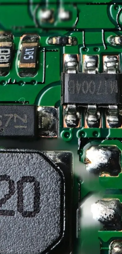 Close-up of a high-tech green circuit board with intricate electronic details.