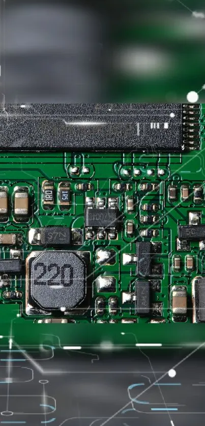 Green circuit board design wallpaper with electronic components.