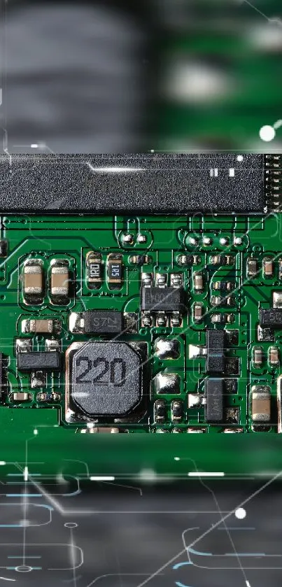 Close-up of a green electronic circuit board design.