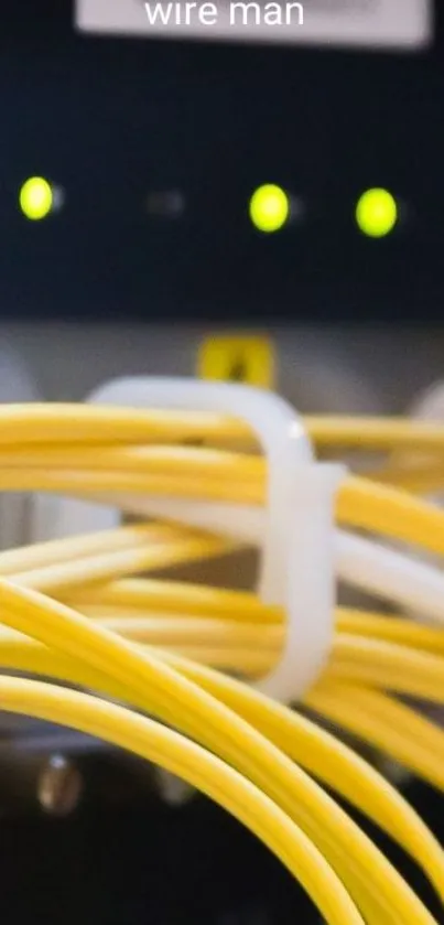 Yellow networking cables with green LED lights.