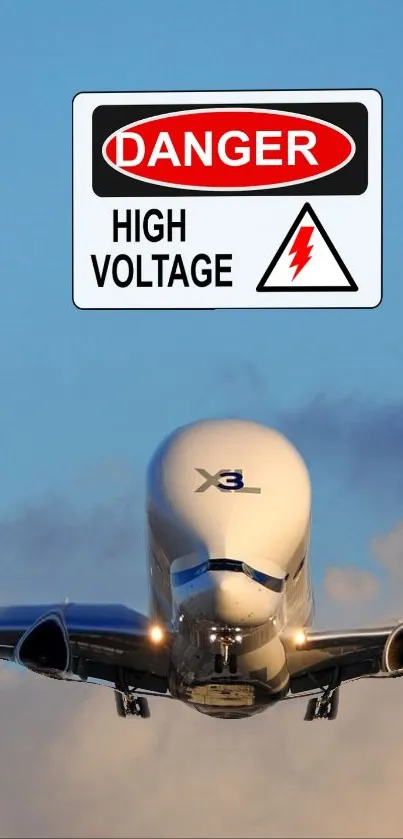 Airplane in sky with high voltage warning sign.