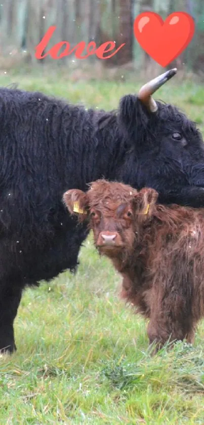 Highland cattle mother and calf in green pasture with love caption and heart.