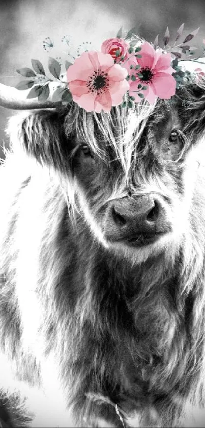 Highland cow with floral crown mobile wallpaper.